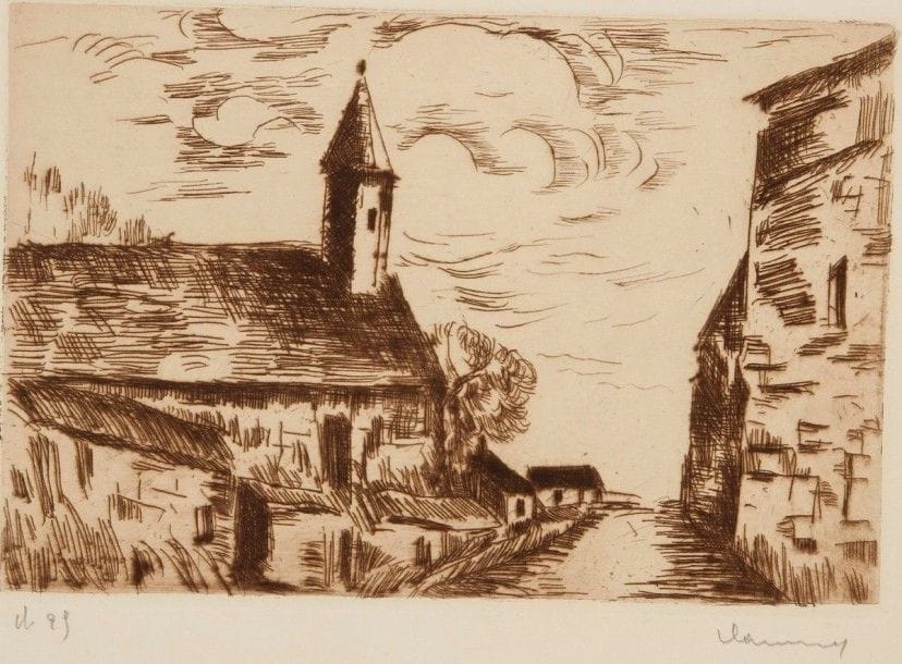 Maurice de Vlaminck (1876-1958)

L'Église de Fessanvilliers. 1926. Pointe sèche. 260 x 175. Walterskirchen 116. Très belle épreuve tirée en noir bistré sur vélin, chargée de barbes, signée au crayon. Trace claire d'oxydation autour du sujet. Toutes marges. Tirage à 75 épreuves. Timbre sec : Marcel Guiot éditeur Paris. Joint : Le Carrefour de Sotteville-lès Rouen; La Ferté-Alais, place du Marché. 1928. Eau-forte et pointe sèche.200 x 165. Walterskirchen 141 et 142. Très belles épreuves sur vélin blanc, signées au crayon. Toutes marges. Même timbre sec. Ens. 3 p.