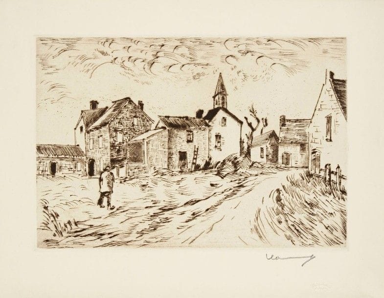 Maurice de Vlaminck (1876-1958)

Village de Louvilliers-les-Perches. 1926. Pointe sèche. 320 x 220. Walterskirchen 117. Très belle épreuve tirée en noir bistré sur vélin, chargée de barbes, signée au crayon. Toutes marges. Tirage à 75 épreuves. Timbre sec : Marcel Guiot éditeur Paris.