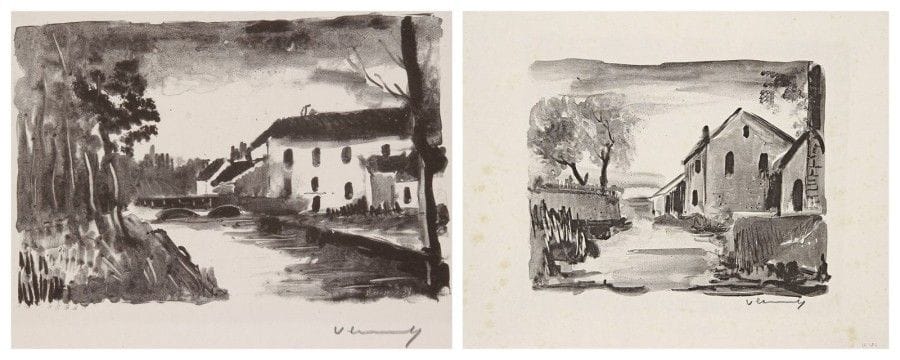 Maurice de Vlaminck (1876-1958)

Le Moulin de la Naze; Nelle-la-Vallée, maisons rustiques. 1926. Lithographie. 260 x 175 et 245 x 190. Walterskirchen 181 et 186. Très belle et belle épreuves sur chine volant, signées au crayon. Larges rousseurs claires à la 2e. Toutes marges. Timbre sec : Galerie des Peintres-Graveurs à la 1re (Lugt 1057b). Ens. 2 p.