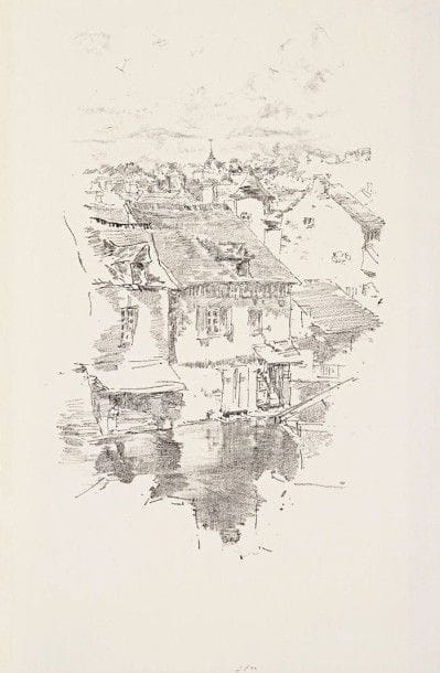 James Abbott McNeill WHISTLER (1834-1903)

Vitré : le canal. 1893. Autographie. 148 x 235. Levy 65; Spink-Stratis-Tedeschi 63. Très belle épreuve sur vergé mince, soigneusement lavée. Courte déchirure habilement restaurée en pied. Bande de colle persistante le long du bord droit au verso. Toutes marges. Tirage à 32 épreuves (plus 45 posthumes).