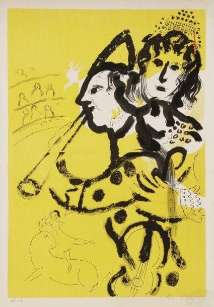 Marc CHAGALL (1887-1985)

Le Clown musicien. 1957. Lithographie. 458 x 662. Conrad-Sorlier 174. Impression en couleurs. Très belle épreuve sur vélin, l'une des 150 du tirage de l'affiche avant lettre, numérotée et signée à la mine de plomb. Toutes marges non ébarbées. Maeght éd.