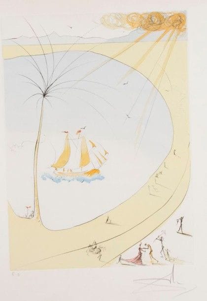Salvador DALI (1904-1989)

Côte d'Azur (hommage à Picasso). 1974. Pointe sèche. 370 x500. Michler et Löpsinger 719. Impression en couleurs au pochoir. Parfaite épreuve sur vélin, justifiée « E.A. » et revêtue d'une signature au crayon. Toutes marges.
