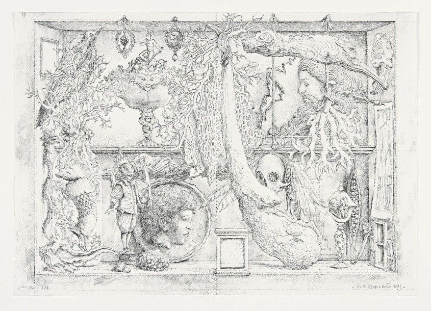 Érik DESMAZIÉRES (né en 1948)

Scarabatollo. (Pl. de la Suite Musaeum Clausum).2009. Eau-forte et roulette. [381 x 267]. Fitch-Febvrel 217. Parfaite épreuve sur vélin blanc, du 2e état (sur 4), avant de nouveaux travaux, tirée pleines marges, annotée au crayon « 2me état 2/4 », signée et datée. Toutes marges.