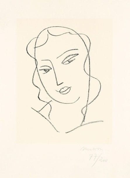 Henri MATISSE (1869-1954)

Étude pour la Vierge « Tête voilée ». 1950-1951. Lithographie. 215 x 275. Duthuit-Garnaud 641. Très belle épreuve sur annam appliqué, soigneusement lavée, signée et numérotée au crayon. Petite restauration dans l'angle supérieur gauche. Toutes marges. Tirage à200 épreuves. Cadre.