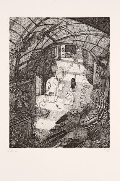 Philippe MOHLITZ (né en 1941)

Le Gardien fou. 1982. Burin. 208 x 268. Parfaite épreuve sur vélin blanc, numérotée, titrée, signée et datée au crayon. Toutes marges. Tirage à 100 épreuves.