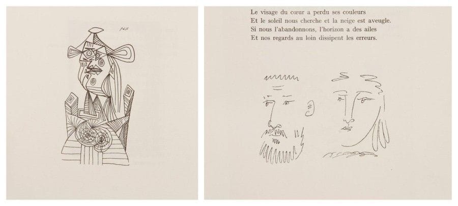 Pablo PICASSO (1881-1973) (d'après)

Éluard (Paul). A Pablo Picasso. Genève-Paris, éd. des Trois-Collines, 1945. Coll. « Les Grands peintres par leurs amis ». Un vol. in-4 broché, illustré de nombreuses reproductions d'oeuvres de Picasso. Signé par Picasso sur le faux titre au stylo-bille bleu. Envoi d'un ancien propriétaire avec dessin à l'encre bleue en tête.