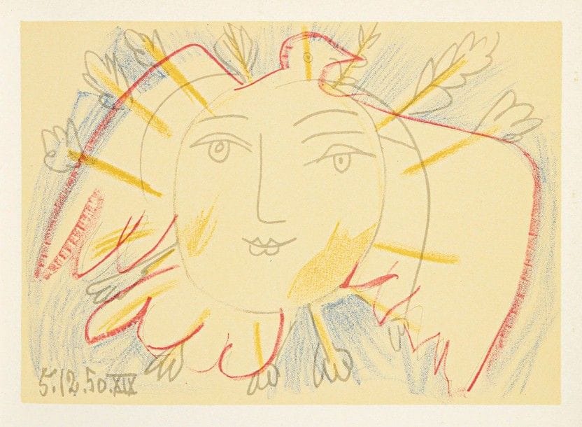Pablo PICASSO (1881-1973) (d'après)

Picasso (Pablo) ? Éluard (Paul). Le Visage de la Paix par Picasso et Eluard. Paris, éd. Cercle d'art, 1951. Un vol. in-4 broché, l'un des 2500 exemplaires sur vélin offset, numéroté, signé par Picasso sur le faux titre au stylo-bille bleu. Chemise de vélin remplié.