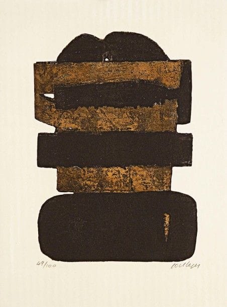 Pierre SOULAGES (né en 1919)
Eau-forte n° XXIV. 1973. Eau-forte sur cuivre découpé. 193 x 280. Impression en couleurs. Très belle épreuve sur vélin, numérotée et signée au crayon. Fines bandes claires d'oxydation verticales sur tout le sujet. Infime tache grise dans l'angle inférieur gauche du feuillet. Toutes marges. Tirage à 100 épreuves.