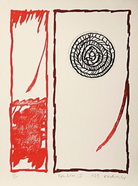Pierre Alechinsky (belge, né en 1927)

Hors livre II. 1979. Eau-forte sur petit cuivre circulaire et lithographie. 220 x300. Impression en couleurs. Parfaite épreuve sur vélin, numérotée, titrée, datée et signée au crayon. Toutes marges. Tirage à 120 épreuves.