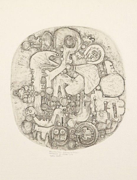 Pierre Courtin (1921-2012)

Tendresse au couteau. 1980. Gravure en relief (échoppe et burin) sur cuivre circulaire. [330 x 515]. Parfaite épreuve sur vélin texturé doublé sur vélin cotonneux, datée au crayon « décembre 1980 gravure au burin » puis titrée, numérotée et signée. Toutes marges. Tirage à 10 épreuves.