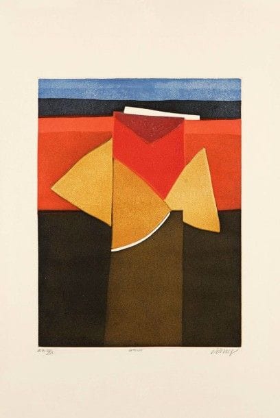 Bertrand DORNY (né en 1931)

Balise. 1974. Aquatinte sur zincs découpés assemblés. 290 x 390. Arnaud 251. Impression en couleurs. Très belle épreuve sur vélin, justifiée « EA », l'une des 6 numérotées en chiffres romains, titrée et signée au crayon. Toutes marges. Éd. Galerie Heimeshoff, Essen, Allemagne.