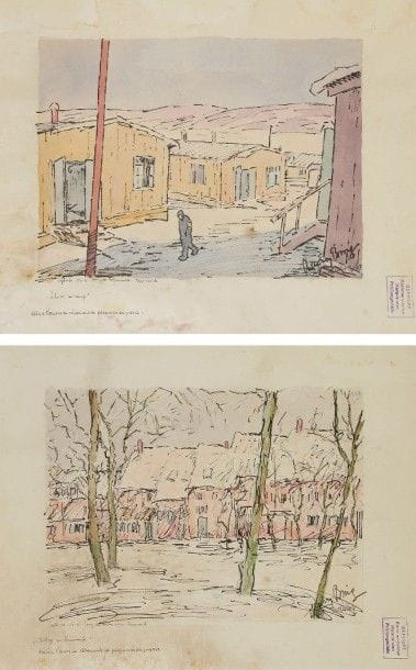 Henry BING (1888-1965)

L'Hiver au camps - Village du Brunswick
2 dessins à l'encre et aquarelle.
Signés en bas à droite.
Annotés "Camps de Holzminden 1914-1918".
(Traces d'humidité).
34 x 42 cm chaque

