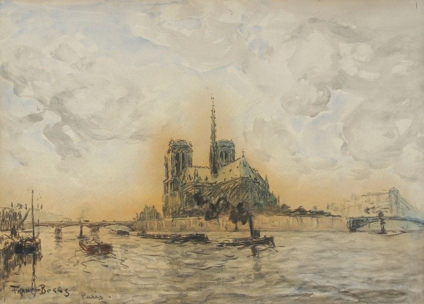 Frank-Myers Boggs (1855-1926)

Paris, la Seine à Notre-Dame
Dessin au fusain et aquarelle.
Signé en bas à gauche.
(Trace d'insolation).
72 x 98 cm