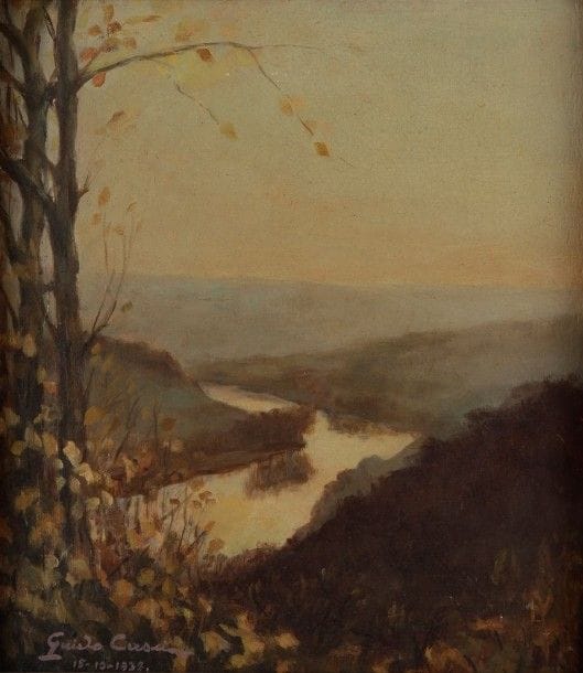 Guido CASCI [italien] (XXe siècle)

L'Automne, Point de vue Rodeby dans la Meuse, 1937
Huile sur panneau.
Signée et datée en bas à gauche. 
Monogrammée, datée et titrée au dos.

40 x 35 cm