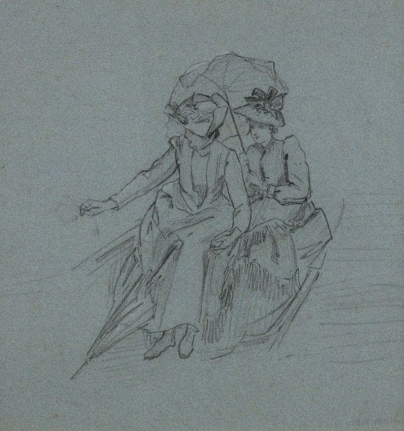 Ecole Française vers 1900

Étude pour deux femmes sous une ombrelle
Crayon noir.
Porte une signature en bas à droite.

26.5 x 26.5 cm