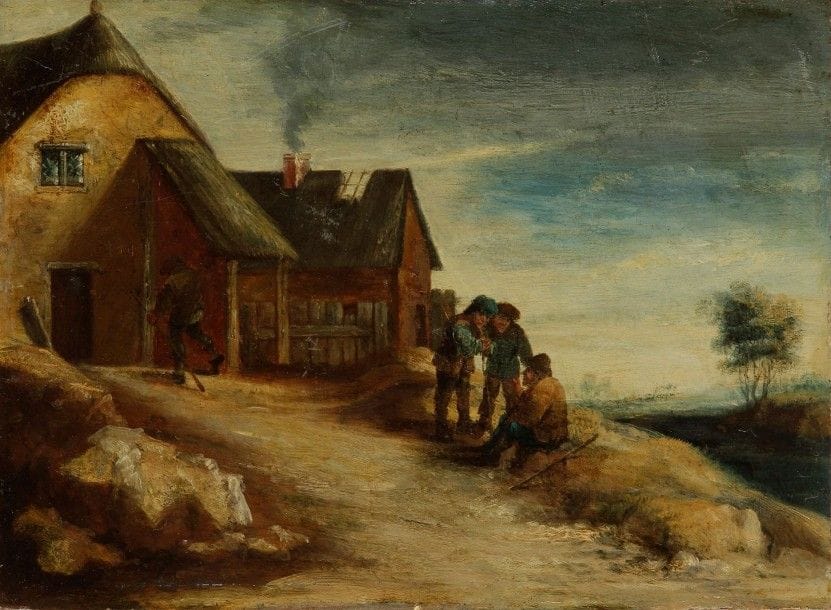 École FLAMANDE XIXe siècle, d'après David TENIERS

Villageois près d'une ferme
 Huile sur panneau
19,5 x 26,5 cm