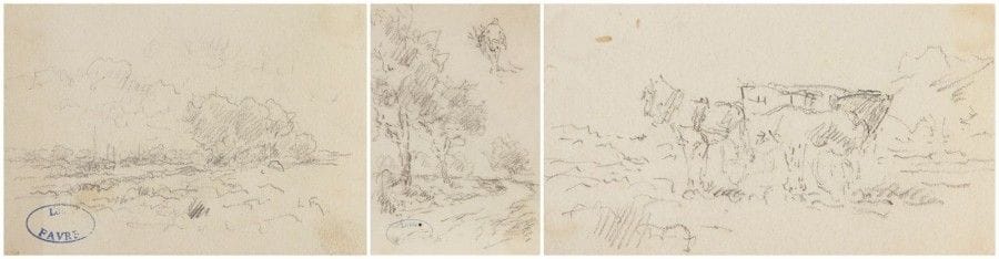 Louis FAVRE (1830-1909)

Paysages - Attelage
3 dessins au crayon noir.
2 portent le cachet Louis Favre.
11 x 16 cm et 7 x 13 cm

