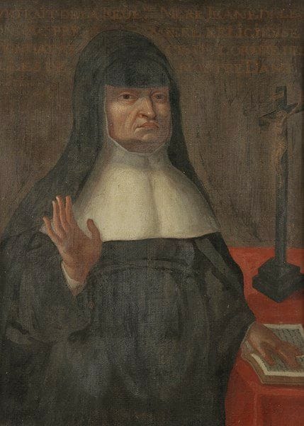 Ecole française fin du XVIIIe siècle

Portrait de Jeanne de Lestonnac baronne de Montferrand (1556-1640), nièce de Montaigne, béatifiée en 1900 par Léon XIII, canonisée en 1949 par Pie XII.
Huile sur toile collée sur carton.
Non signée, titrée et annotée sur la partie supérieure.
27 x 22 cm
