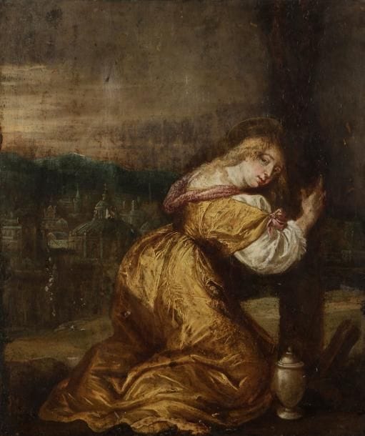 École FLAMANDE du XVIIe siècle,

Marie Madeleine au pied de la Croix
Cuivre inséré.
62 x 52,5 cm
Restaurations et manques.
Sans cadre
