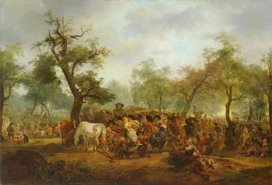 Jean Louis DEMARNE

Fête au bord d'une forêt ou Fête dans l'intérieur d'un bois
Panneau de chêne, parqueté.
47 x 66 cm
Porte une signature en bas à droite DeMarne.
Sans cadre.
Provenance:
Vente anonyme, Paris, 28 janvier 1830;
Vente d'Harcourt, Paris (Maître Bonnefons), 2 février 1842.
Bibliographie:
J. Watelin, Le peintre J.-L. De Marne, Paris 1962, n°282