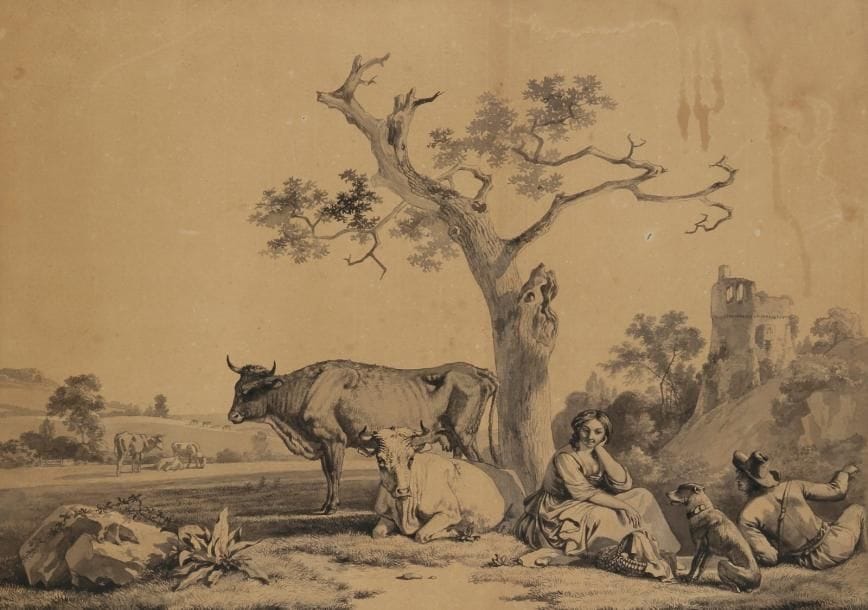 Jean-Louis DEMARNE

Couple de bergers sous un arbre
Plume et encre noire et grise, lavis noir et gris sur papier beige
40,5 x 58 cm