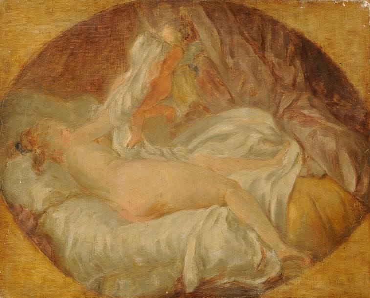 École FRANCAISE du XVIIIe siècle,

La chemise enlevée
Toile.
33 x 41 cm
Sans cadre.
Reprise de la toile ovale (35 x 42,5 cm) de Fragonard conservée au musée du Louvre. (Voir P. Rosenberg, Tout l'?uvre peint de Fragonard, Paris 1989, n°108, reproduit en couleur planche XVI)