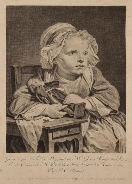 Jean-Baptiste GREUZE (1725 - 1805) (d'après)

La Petite Fille au capucin de bois. 1766. Gravé par P.-Ch. Ingouf l'aîné «d'après le Tableau Original de Mr Greuze Peintre du Roy / Tiré du Cabinet de Mr De Lalive?» (aujourd'hui conservé au musée de Montauban).
173 x 245 mm. I.F.F. 10. Belle épreuve revêtue du paraphe de Greuze à la plume et à l'encre au verso. Deux plis cassés en tête du feuillet. Rousseurs claires. Petites marges