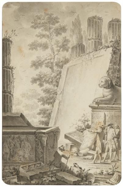 Jean-Michel MOREAU LE JEUNE

Visiteurs parmi des ruines
Plume et encre grise, lavis gris.
30 x 19.5 cm