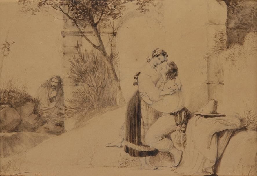 Amable-Paul COUTAN

L'idylle des jeunes paysans
Plume et encre brune, lavis brun.
Signé en bas à droite Coutan.
19 x 27 cm
Élève du baron Gros, prix de Rome en 1820, Coutan est surtout connu comme peintre d'histoire et de mythologie. Il fut également peintre religieux et travailla notamment pour les églises Notre-Dame-de-Lorette et Notre-Dame-des-Champs à Paris