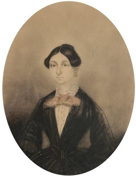 École Française du XIXe siècle

Portrait de femme à la robe noire
Crayon noir, aquarelle, rehauts de blanc et d'or. Ovale.
20,8 x 15,8 cm