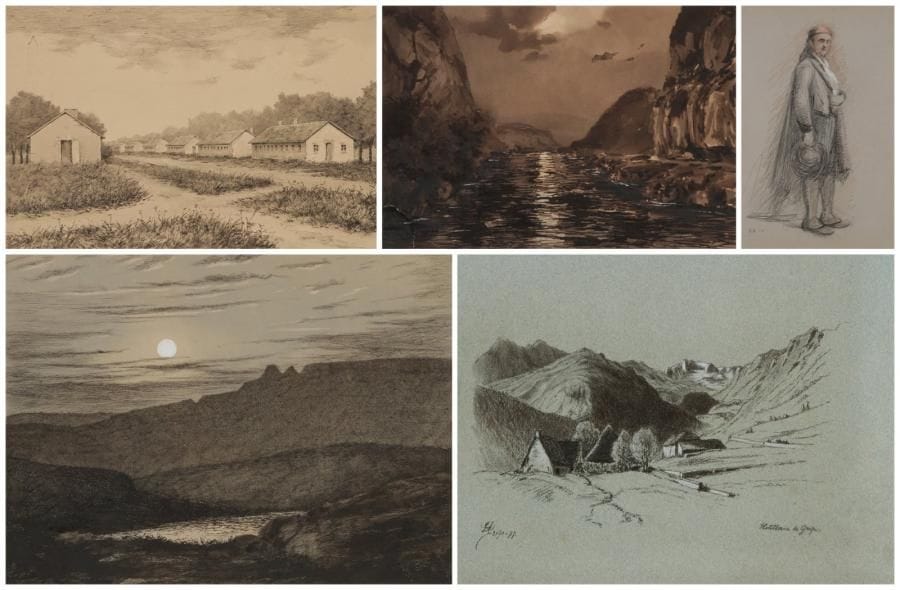 L. GENTIL

Vues de Camps de Châlons en 1891, du Rhône en 1883 - du Mont de Chat
Trois dessins, plume et encre noire, lavis noir.
Formats divers.
On y joint:
École FRANÇAISE du XXe siècle
Un homme en costume régional et Paysage de montagne