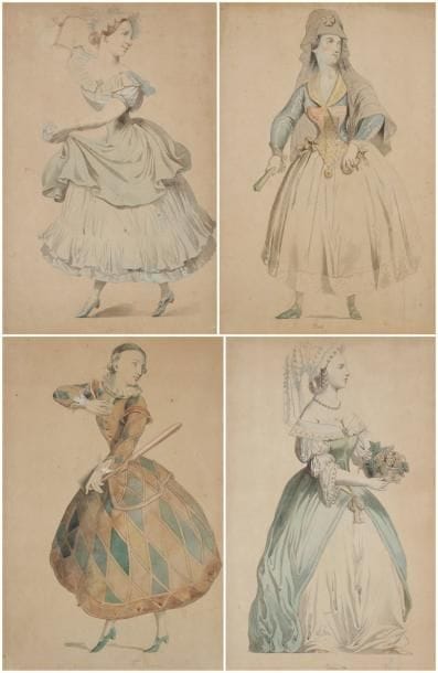 BINET

Quatre personnages de comédie
Plume et encre grise, lavis gris, aquarelle.
Dessins titrés en bas Rosalie 156, Souris 98?
47 x 31,5 cm et 50 x 33 cm