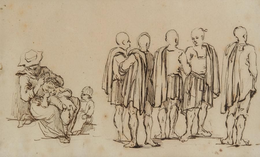 École Française du XIXe siècle

Femme et deux enfants, cinq asiatiques en costumes drapés
Plume et encre noire sur traits de crayon noir.
14,3 x 25 cm