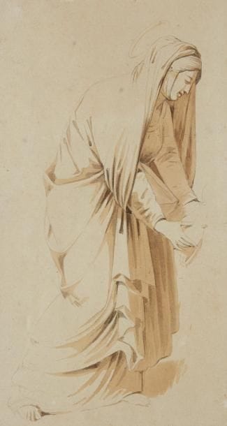 École Française du XIXe siècle

Figure de femme en costume du Moyen Âge
Lavis brun sur traits à la pierre noire.
23,5 x 12,5 cm