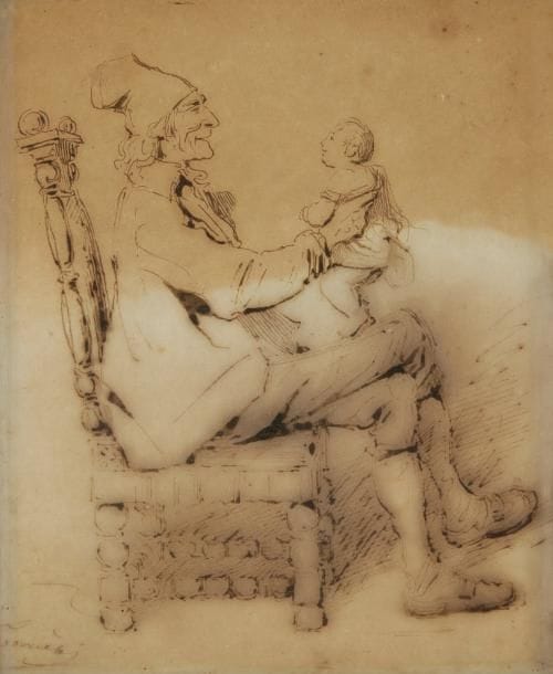 Charles Joseph TRAVIES de VILLIERS

Un grand-père jouant avec un petit enfant
Plume et encre noire, lavis gris.
17,5 x 14 cm
Signée en bas à gauche Traviès