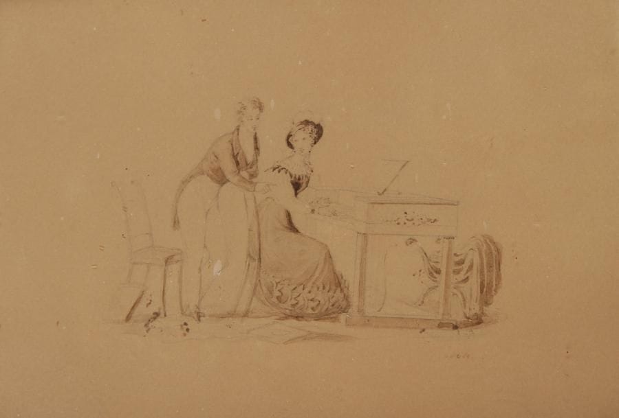 Jean Auguste DUBOULOZ

Couple au clavecin
Plume et encre brune, lavis brun et gris sur traits à la pierre noire.
13 x 16,5 cm
Porte deux anciennes étiquettes au verso n°9 et n°27.
Provenance:
Vente succession Hannot, Paris, Hôtel Drouot, (Me Dumont)
