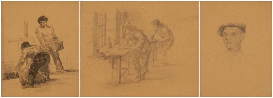 École Française du XIXe siècle

Homme portant un béret
Deux ouvriers
Les imprimeurs à l'atelier
Crayon noir et lavis gris, deux dessins sur le même montage.
9,7 x 8 cm pour deux et 7,7 x 10 cm