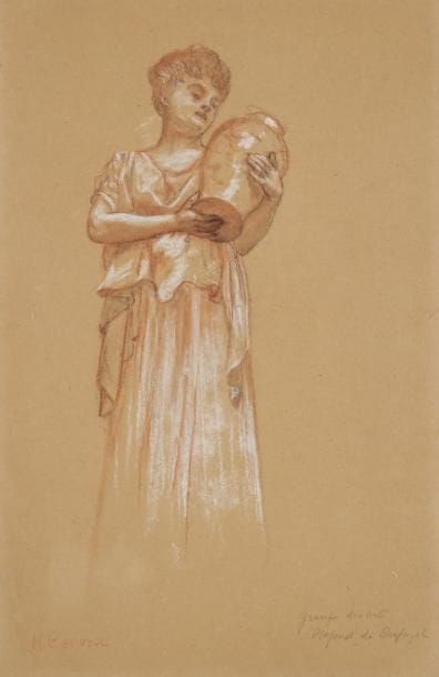 Henri GERVEX

Femme à la cruche
Sanguine et rehauts de blanc sur papier beige.
Signée en bas à gauche H. Gervex.
Titrée en bas à droite groupe des Arts / Plafond de Dufayel.
39 x 26 cm
Notre dessin est une étude préparatoire pour le décor du plafond de la cage d'escalier de l'hôtel particulier Dufayel peint par Gervex en 1908 et disparu aujourd'hui
