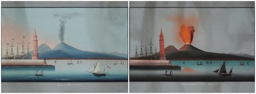 ÉCOLE NAPOLITAINE VERS 1900

L'éruption du Vésuve en 1861, de jour
L'éruption du Vésuve en 1861, de nuit
Paire de gouaches.
46,5 x 60 cm
Titrées en bas Eruzione del Vezuvio del 1861 et Eruzione del x 1861