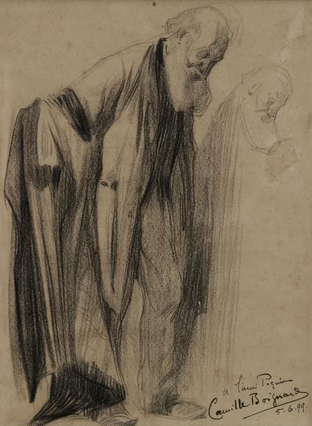 Camille BOIGNARD

Un juge enfilant sa robe, reprise de la tête
Crayon noir sur papier beige.
Dédicacé, signé et daté en bas à droite A l'ami Pequin / 5. 6. 99.
32 x 24 cm
Élève de J. P. Laurens et de B. Constant à l'École Nationale des Beaux-Arts, Camille Boignard devint illustrateur et professeur d'architecture puis de composition décorative à l'École Nationale des Arts décoratifs. On connait de lui les décors floraux au Lycée Jules Ferry, à Eglise Saint Dominique de Paris