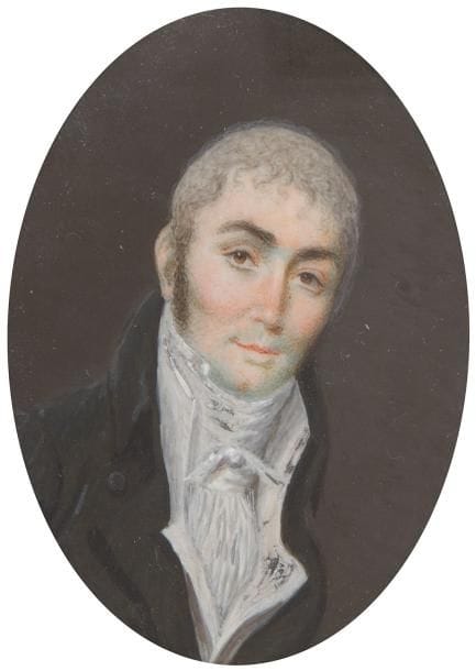 Homme en buste, cheveux poudrés, costume gris et gilet blanc à haut col, époque Directoire
Miniature ovale sur ivoire de la fin du XVIIIe siècle, à vue 6 x 4,5 cm
Cadre en bois du XIXe siècle, ovale. 10,7 x 9 cm