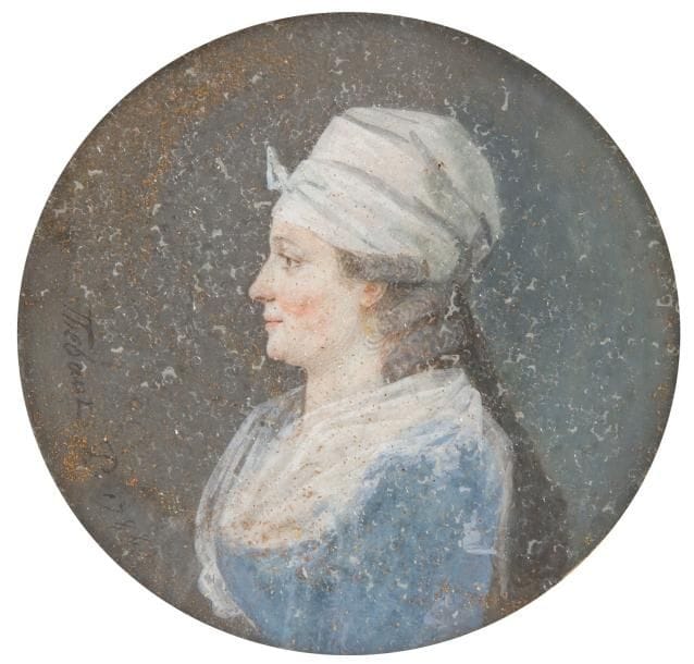 THEBAUT

Homme et Femme de profil en pendants, lui vers la droite, en costume gris à col de velours, elle vers la gauche, en fichu blanc et robe bleue à guimpe blanche
Paire de fines miniatures à la gouache sur carton, fin XVIIIe siècle, diam. 6,5 cm
Signées à gauche: Thebaut P. 1788
Annotées au revers: 1791 Profr Bonard/ 1791 Mme Bonard
Cadres ronds en laiton doré sur âme de bois, fin du XVIIIe siècle, diam. 9,2 cm
Il s'agit peut-être des portraits du mathématicien Claude Louis Bonard [c. 1765-1819] et de son épouse née Marie-Anne Enard. Bonard fut le maître du mathématicien et physicien Joseph Fourier et le titulaire de la chaire de mathématiques à l'École centrale du département de l'Yonne (créée de 1796 à 1804).
(Verres anciens cristallisés)