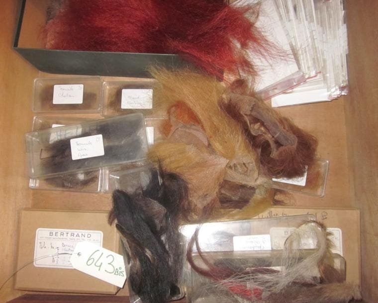 Un fort lot de sourcils, barbes et moustaches en cheveux, probablement une centaine de pièces.