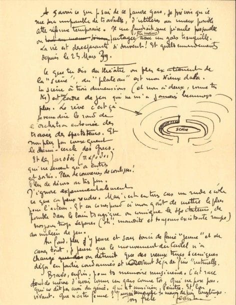 Jean VILAR
5 L.A.S. «Jean L.», Paris et Sète 1940, à son ami Jean Darquet; 12 pages in-4. 
 Très belle correspondance à son ami de jeunesse, pendant la guerre, sur ses travaux littéraires, et exposant ses idées sur le théâtre. 
 Paris 24 avril. Il est obligé de partager sa «carrée» avec un certain Gatien, «un espèce de fou autoritaire et mégalomane» alcoolique, dont il appréciait cependant, avant, «son zèle de prospecteur théâtral et son assiduité fervente à nos répétitions et à notre travail d'école, mais dont le caractère complètement furibard, dû à ses excès vineux, sera une merde assez gênante aux heures de recueillement et de travail écrit que je vais m'imposer dès notre installation». Il craint qu'il lui soit impossible de travailler; mais peut-être lui sera-t-il utile pour son Bacchus... «Ce que tu dis du théâtre, ou plus exactement de la "scène", du "plateau" est mon vieux dada. La scène à trois dimensions [...] est un cadre de jeu qui ne m'a jamais beaucoup plu. Le rêve c'est ça [dessin d'une scène ronde entourée de gradins] je veux dire le rond de l'orchestre entouré des travées de spectateurs. Et non plus uniquement le demi-cercle des Grecs. [...] Plus de conneries de coulisses! Plus de décors ou très peu»? Ce serait une rude école pour l'acteur, et mais «ça correspond à mon goût de mettre le plus possible dans le bain tragique ou comique les spectateurs, de nos jours trop séparés (oh! maudite et toujours existante rampe) du milieu de jeu. Au fond, plus j'y pense et sans souci de faire "jeune" et de casser tout, je pense que le mouvement du Cartel n'a changé ou détruit que des vieux trucs scéniques déjà en partie condamnés et crevant déjà de "fins" naturelles»... 
 20 mai. Il annonce son prochain mariage avec Paulette Leccia: «Il ne s'agit pas d'amour ou de tendresse ou d'autres clowneries. Il s'agit simplement s'une sorte d'association d'artiste», basée sur la confiance qu'ils éprouvent l'un envers l'autre en tant qu'artistes. «La solitude est une chose