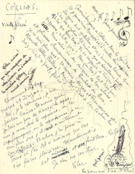 Jean VILAR
3 L.A.S. («Jean», la dernière «Vilar»), 1941-1942, à son ami Jean Darquet; 4 pages in-4 et 1 page in-8 avec adresse au verso, une enveloppe.
 Sète 21 septembre 1941. Il est de retour à Sète après un an à Paris, où il a adhéré à l'Association Jeune France: ils ont organisé une exposition de jeunes peintres, des concerts musicaux d'André Jolivet, Chailley, Tony Aubin, etc. Toutes les disciplines artistiques sont représentées à Jeune France: Architecture, Belles Lettres, Peinture, Radio, Théâtre, etc. «En théâtre, J. F. [Jean Françaix] a patronné et aidé financièrement Le Bout de la route de Giono (150 repr.) qui n'est d'ailleurs pour moi qu'une pièce conservatoire». Il a dirigé la section théâtre, tâche administrative qui l'a ennuyée, et est chargé de la collection de Textes dramatiques. Il est parti en tournée en Anjou avec George Dandin (rôle de M. de Sotenville) et une farce dont il est l'auteur [La Farce des filles à marier]. L'expérience a été si heureuse et le succès si gros qu'il espère repartir au plus vite, et pour longtemps...
 Château-La-Vallière 10 septembre [1942]. Il est en tournée en province depuis le 2 juillet avec la troupe qu'il dirige, «Les Comédiens de la Roulotte»: ils jouent La Fontaine aux Saints de Synge, Il ne faut jurer de rien de Musset et George Dandin, «exploitation faite par nos seuls moyens et qui jusqu'ici a été excellente. Nous en sommes à la 75e de Synge! Je joue le rôle de Martin Doul, l'aveugle. Nous espérons le jouer cet hiver à Paris. ? Je me suis marié le 30 juin dernier avec Andrée Schlegel»...
 Collias, s.d. Amusante lettre avec dessins, toute en rimes farfelues en as. En haut de page, il trace une grande clé de sol et des notes de musique, comme pour accompagner la chanson: «Je suis toujours à Collias dans le gardas et je pense mon temps (n'as) à écouter des musicas Les gens sont gentillas et on s'amuse bienas, que c'en as rigolas. Et même que je couillonne pass»? Etc. Au bas de la feuille, il dessine une verge en