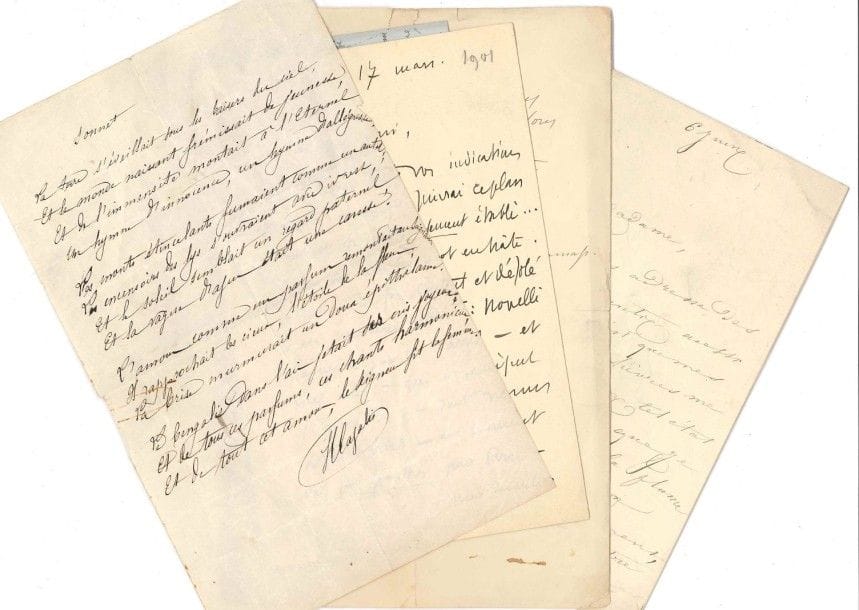 Henri CAZALIS, dit Jean LAHOR (1840-1909) médecin et poète
Poème autographe signé, et ensemble de 39 lettres, la plupart L.A.S., à lui adressées (ou à son épouse), 1872-1914; environ 80 pages formats divers.
 Sonnet, poème autographe signé par Henri Cazalis, probablement de jeunesse, et qui semble inédit:
 «La terre s'éveillait sous les baisers du ciel
 Et le monde naissant frémissait de jeunesse
 Et de l'immensité montait à l'Éternel
 Un hymne d'innocence, un hymne d'allégresse»?
 Correspondance amicale et littéraire par des écrivains, musiciens et artistes. Félicitations pour sa Légion d'Honneur, recommandations de nouveaux patients, remerciements et félicitations pour ses ouvrages, dont L'Enchantement de Sivâ, Le Livre du Néant, Cantique des Cantiques? Louise Ackermann, Jean Aicard, Arvède Barine, Victor du Bled, Gabriel Bonvalot, Paul Bourget, Ferdinand Brunetière, Henriette J. Brunhes, Eugène Carrière, Antoine Cros, Léon Dierx, Jane Dieulafoy, Auguste Dorchain, René Doumic, Émile Faguet, Anatole France, Reynaldo Hahn, Ernest Lavisse, Charles Le Goffic, Jules Lemaître, Lucien Lévy-Dhurmer (2), Frédéric Masson, Frédéric Mistral, Pierre de Nolhac, Louise Read (2), Henri de Régnier, Camille Saint-Saëns, Édouard Schuré (3), Louisa Siefert, Albert Sorel, André Theuriet, Albert Vandal, E.M. de Vogüé.
 On joint 2 lettres de Sophie Cazalis mère à son fils, et 3 de William Cazalis (Neuchâtel 1877, à son frère Adolphe, à son neveu Henri et à sa nièce Laure); et l'acte de succession de Sophie Cazalis née Vautier (1804-1864) signé par son mari Adolphe Cazalis et ses enfants Henri et Laure (1865).
