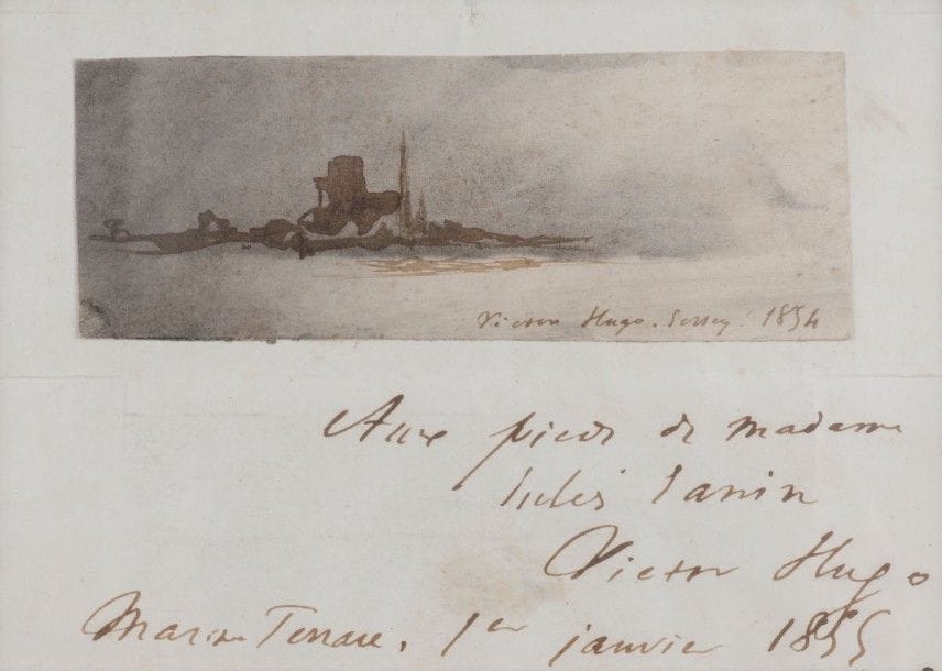 Victor HUGO (1802-1885) Dessin original, à la plume et au lavis, signé et daté en bas à droite, Jersey 1854, collé sur un feuillet avec dédicace autographe signée, Marine Terrace 1er janvier 1855; environ 3,7 x 10 cm, sur un feuillet 8,7 x 12,5 cm (à vue), encadré avec l'adresse autographe au dos.
 Petit paysage à la plume et au lavis d'encre brune, et estompe, représentant une bourgade dans le lointain, avec la grosse tour d'un château-fort, et les flèches d'une église. Cette «carte de voeux» est signée et datée en bas à droite: «Victor Hugo. Jersey 1854».
 Victor Hugo l'a montée sur un feuillet de papier sur lequel il a inscrit la dédicace: «Aux pieds de Madame Jules Janin Victor Hugo Marine Terrace, 1er janvier 1855». Au verso, l'adresse porte: «Monsieur Jules Janin 20, r. Vaugirard».
 Adèle Huet (1820-1876), fille du maire d'Évreux, avait épousé en 1841 le célèbre critique Jules Janin (1804-1874).
