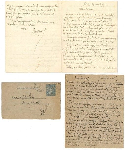 Joris-Karl HUYSMANS
11 L.A.S., Paris 1894-1895, à Jules Bois; 30 pages in-12, qqs lettres à en-tête du Ministère de l'Intérieur, la plupart avec enveloppe ou adresse au dos.
 Importante et belle correspondance littéraire, où il est question de Là-Bas, d'En route (février 1895) et du Satanisme et la Magie de Jules Bois (avec préface de Huysmans, juin 1895), aussi bien que du goût d'Huysmans pour les cathédrales, les retraites monastiques, le symbolisme catholique et l'occultisme.
 29 août 1864. Lucien Descaves a passé, près de Boulogne, «une villégiature toute de boue et de pluie [?] Buvez de l'air et fouettez de l'eau, approvisionnez vous de santé avant que de revenir dans la bagarre». Lui-même mène une existence imbécile, qui le laisse hébété, mais il se guérira par une cure de silence chez les moines. Il l'entretient de ses relations occultistes, à Lyon: «Wirth est allé voir M. Misme et a fait des avances. [...] Guaita l'aurait envoyé comme ambassadeur et s'apprêterait lui-même à venir, après avoir ainsi tâté le terrain. M. Misme dit ne pas lui avoir mâché ses vérités et il m'écrit que si Guaita venait, il se montrerait "dans toute sa splendeur". Tout cela, c'est très bien, mais je me demande ce qu'ils mijotent! ? Qu'est-ce que Wirth et l'autre veulent? Ils ont évidemment un but; et comme ils sont autrement malins que notre pauvre ami, nous pouvons nous attendre à quelque coup nouveau de leur part»... Il parle aussi de l'affaire «ridicule» de «cet Huitric qui a assassiné une parfumeuse. Le Procureur lui reproche d'avoir été acheter Là-Bas et d'avoir lu ce livre! Pour un peu, je serais cause du crime. Non, ce que la bêtise humaine est insondable! ? J'ai répondu à ces niaiseries dans Le Jour qui est venu m'interviewer sur ce magistrat bizarre qui joue les psychologues»...
 1895. Vendredi matin [4 janvier]. Obligé de filer de bonne heure, avant d'aller à Sainte-Anne, il l'invite à dîner dimanche: «Je mettrai au net mes épreuves sur le succubat et pourrai vous les remettre. [