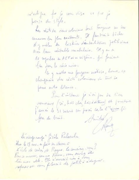 Albert PARAZ (1899-1957)
31 Lettres, la plupart L.A.S. (13 L.S. dont 9 en partie autographes), Vence, Paris et Nice 1953-1957, à Nicolas Kousnetzoff (que Paraz surnomme «Popoff»); 41 pages formats divers (3 cartes postales avec adresses au dos).
 Importante correspondance avec un jeune admirateur (1932-1993), qui l'aidera pour son roman Villa Grand Siècle, le renseignant sur la Russie. Nous n'en donnons qu'un rapide aperçu.
 1953. 18 avril. «Si comme vous me le dites vous n'avez que 20 ans, votre maturité est un peu inquiétante. J'ai eu la chance, tout en étant très doué, étant jeune d'avoir fait des études scientifiques qui réussissent à vous éloigner complètement de tous les problèmes littéraires, artistiques et politiques. Je n'ai commencé à lire qu'à 26 ans. Ce n'est pas une si mauvaise formation»... Il parle des Russes, «inassimilables» (comme Serge Lifar ou Elsa Triolet), et envisage de placer en Russie une suite à son roman policier Une Fille du tonnerre. «Il y a un contraste entre le monstrueux Staline, démon ubiquiste, et le charme slave des successeurs qui est assez coquinasse à exploiter». 30 mai. En plein service de presse de L'Adorable Métisse, il propose à «Popoff» de collaborer à la suite d'Une Fille du tonnerre: «Gorin irait en Russie. Ce serait dans le même style»... 3 juin: «je voudrais que vous m'aidiez à envoyer Gorin en Russie, [...] j'envoie d'abord Gorin au Pentagone faire voir les photos. Thème, esprit: l'espionnage n'a jamais servi à rien»... 10 juillet. «En effet, avec tous ces trucs, mon Gorin risque de se lancer dans des combines périmées. Je voudrais simplement pour ne pas trop me tromper, l'envoyer apprendre le russe chez vos potes»... On va rééditer Le Roi tout nu (1942), «livre où je parlais de ce que j'ai vu en Allemagne, il y a longtemps. Profitez-en pour bien regarder. Dans 20 ans, ça vous reviendra»... 28 juillet. «J'ai lu votre truc, je pense que cela peut fournir un cadre intéressant. Gorin irait là-dedans comme professeur de français et apprend