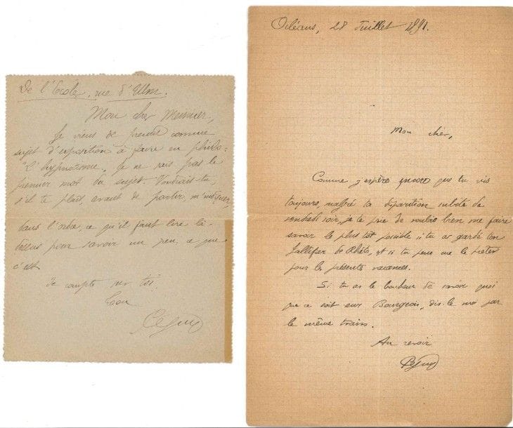 Charles PÉGUY (1873-1914)
5 L.A.S., Orléans et Paris 1890-1894 et s.d., à son camarade Paul Meunier; 7 pages in-8 ou in-12, une adresse.
 Lettres du jeune bachelier et du normalien à son condisciple et ami, futur aliéniste et poète (natif de Puiseaux, Loiret).
 Orléans 14 novembre 1890. «Reviens vite au bahut. Le pion est chic pour les philos. Nous sommes ou plutôt nous serons huit en classe [...] Pour ce qui est de bouquiner en étude tous les gens dont tu me parles, je n'en sais trop rien [...] Dépêche-toi: les cours (des profs) marchent. J'ai déjà trois cahiers de philo. On ne m'a point fait part de la mort de Tartarin. J'ai cessé de me laisser vivre: les types m'ont élu président à la place de feu Rodiet. Cela me fait de quoi m'occuper»... 28 juillet 1891. «Comme j'espère encore que tu vis toujours, malgré ta séparation subite de vendredi soir, je te prie de vouloir bien me faire savoir le plus tôt possible si tu as gardé ton Jallifier de Rhéto, et si tu peux me le prêter pour les présentes vacances»...
 [Collège] Sainte-Barbe [1893-1894]. Il propose de se retrouver au Théâtre Français, le dimanche, ou le samedi suivant avant de prendre le train pour Orléans: «il n'est tel que le théâtre pour vous mettre en train de bavarder»... De l'École, rue d'Ulm [7 novembre 1894]. «Je viens de prendre comme sujet d'exposition à faire en philo: "L'hypnotisme". Je ne sais pas le premier mot du sujet. Voudrais-tu, s'il te plaît, avant de partir, m'indiquer, dans l'ordre, ce qu'il faut lire là-dessus pour savoir un peu ce que c'est»... Orléans jeudi matin [vers 1895]. «Je crois savoir que tu pars de mardi en huit. Si tu veux bien, nous passerons quelques heures ensemble dimanche prochain ? sans doute chez toi pour que je voie ce que tu as fait»... Il donne l'adresse de l'École Normale, rue d'Ulm.
